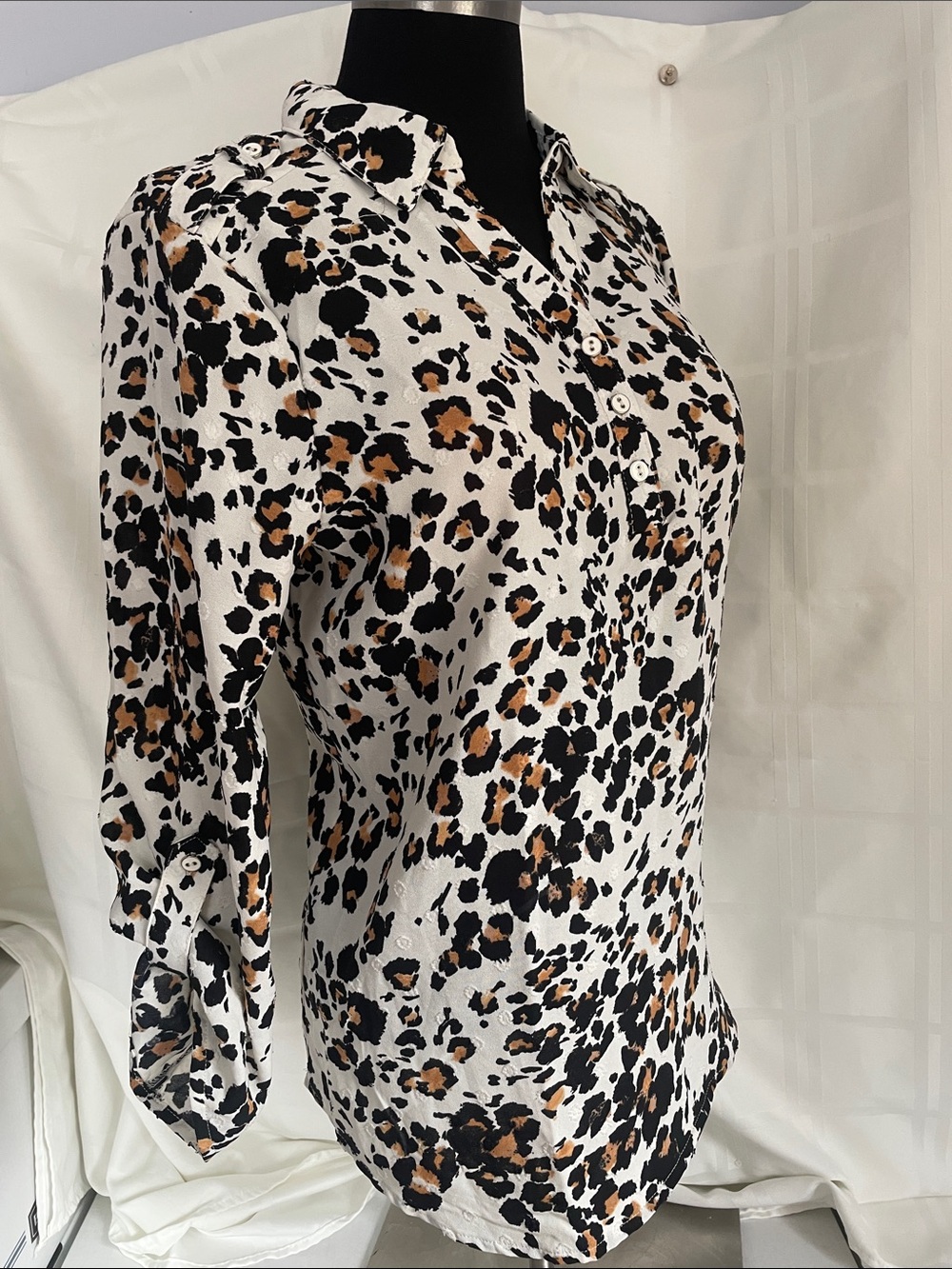 Adrienne Vittadini Leopard Long-Sleeve Black/Brown/White Size S PTP 20, L26 - Picture 2 of 7